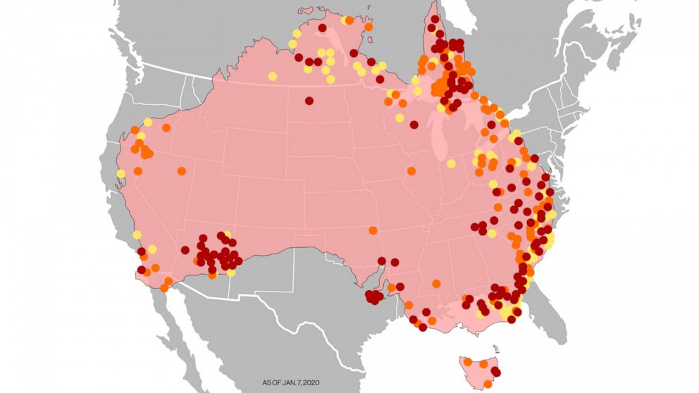 Australia overlaid to the USA. Depicting range of wildfires.